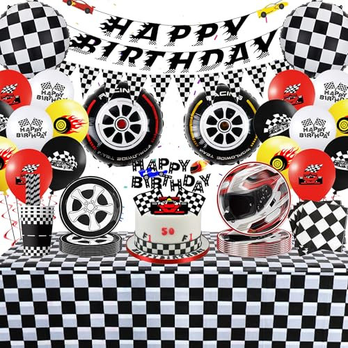 Race Car Party Decorations Tableware - 107 Pieces Birthday Supplies, Happy Birthday Banners, Pennant, Racing Tire Balloons, Black and White Checkered Tablecloths Plates Cups Napkins for Kids Boys Men