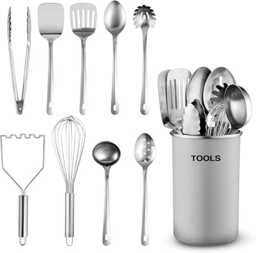 Kitchen Utensils Set - 10-Piece, Stainless-Steel Cooking Utensils w/Spoons, Whisk, Spatula, Tongs, Ladle, Masher & Cooking Utensils Holder - Kitchen Accessories, Gadgets and Tools (White)