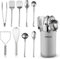 Ensemble d'ustensiles de cuisine – 10 pièces, ustensiles de cuisine en acier inoxydable avec cuillères, fouet, spatule, pince, louche, presse-purée et support d'ustensiles de cuisine – Accessoires de