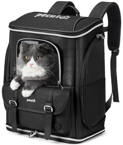 pecute Katzenrucksack Hunderucksack PU Haustier Rucksack,Belastung Verringern Hundetasche,Atmungsaktive Mesh Fenstern Faltbar Katzentasche,Hundetragetasche für Wandern, Camping, Reisen 6kg, Schwarz