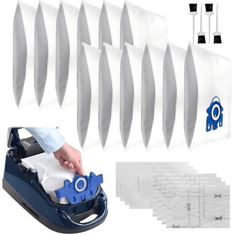 12 Pack 3D GN Vacuum Cleaner Bags with 4 sets Filter and 4 Brush, Miele-GN Vacuum Bag Replacement Compatible with Classic C1, Complete C1, Complete C2, Complete C3, S227, S240, S270, S400