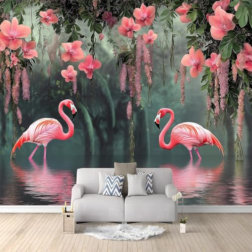 Große Vlies-Fototapete 350 x 256 cm, Psychedelischer Flamingo, Moderne Bildtapete für Wohnzimmer und Studio, Rosa