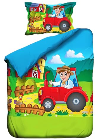 JACK Kinder Renforce Baby Bettwäsche 2 TLG. 100x135cm Traktor Bauer Feld Bunt Reißverschluss