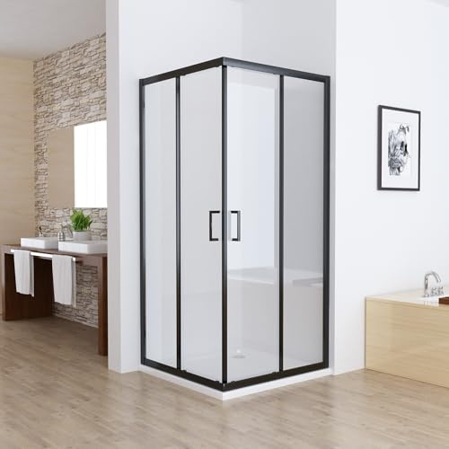 MIQU Duschkabine Eckeinstieg 80x80 cm Duschwand mit Doppel Schiebetür Schwarz Rollen, 5mm ESG Sicherheitsglas, Schiebetüren Glas komplett Dusche Silber Duschabtrennung Höhe 185cm, mit Duschwanne