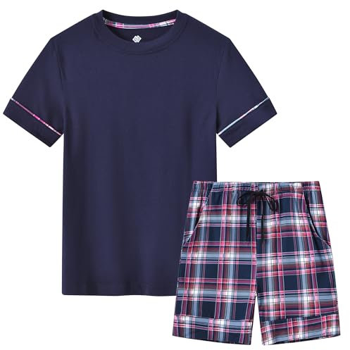 MoFiz Pyjama Garcon Court Ensembles de Pyjama Short Ete Doux Vêtements de Nuit Manche Courte Hauts de Pyjamas Short à Carreaux Bleu Marine XL(164-176)