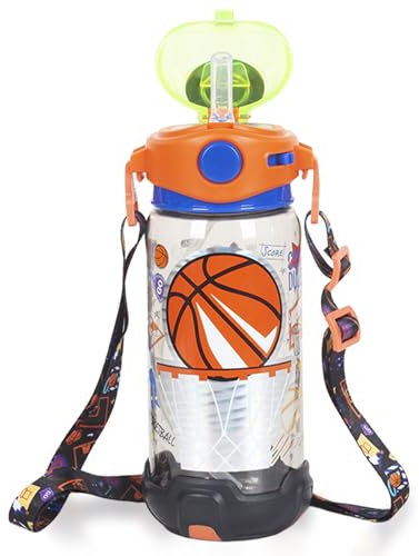 PinkSheep Kids Water Bottle with Straw/Lanyard, 650ml Child Drinking Water Bottle, BPA Free Leak-Proof Locking Flip Lid for Kids Girls Boys School Sport Travel (Basketball)