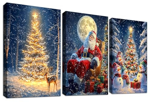 3 Pcs Wooden Framed Canvas Wall Art Christmas Tree Canvas Prints Christmas Santa Snowman Painting Snowy Scene Winter Pictures for Living Room Bedroom Hallway Stairs Holiday Wall Decor 40x60 cm x3pcs