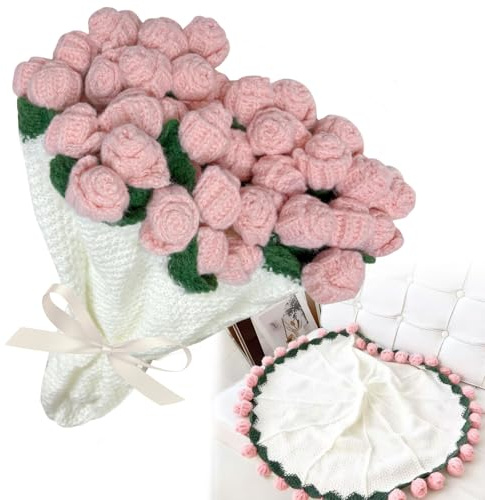 bechoanigel Fertige Häkelblumenstrauß Decke – Handgemachte Rosen Kuscheldecke, Bunte Blumendecke Geschenk für Mutter, Frau, Freundin – Sofa Bettdecke für Geburtstag, Muttertag (Rosa, 80×80 cm)