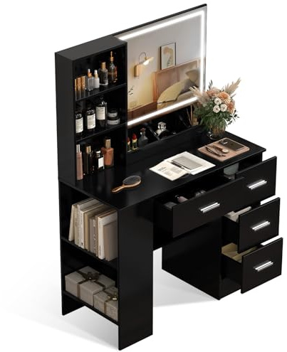 Schminktisch mit Beleuchtung Schwarz, Kosmetiktisch mit LED Spiegel und Licht und Stauraum, Groß Schminktisch 90 cm breit mit 4 schubladen & Beistellschrank, Modern Dressing Table Makeup Vanity Desk