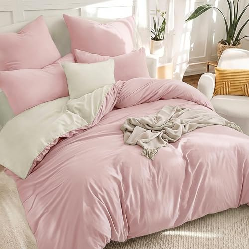 RUIKASI Rose Pink King Size Duvet Cover Sets Beige - Reversible Pink Duvet Cover Kingsize Bedding Set with Zip, Soft Brushed Microfibre King Bed Duvet Set Quilt Cover with 2 Pillowcases