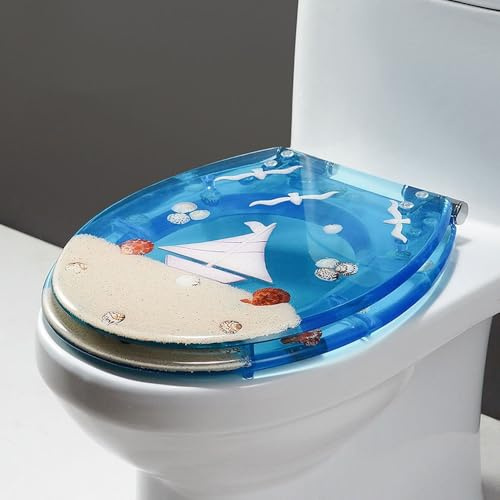 Toilet Seat, Made of Clear Resin with Silver Glitter, Featuring a Soft-Close, Quick-Release Hinge, Suitable for Universal Toilets, and a 3D Decorative Effect.(Blue Sand Beaches)