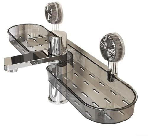 Organiseur d'évier de salle de bain avec étagère à fixation pour robinet, rangement à ventouse pour articles de toilette, étagère murale sans perçage, étagère moderne à ventouse en PVC ABS en noir ou