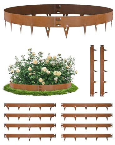 Viugreum 10 Stück Rasenkante, Rasenkante Cortenstahl 107.5x20cm(LxH), Beetumrandung Beetbegrenzung Lawn Edging Flexible Rasenkanten, Steckzaun Blumenbeet Umzäunung für Innenhof, Garten, Wiese