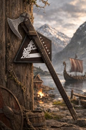 NEU Thommys Things Vikings Axe Ragnar Lodbrok Stil Replik Axt aus Stahl 65cm Gesamtlänge 15cm Breite mit Holz Wandhalterung Sammlerstück für Cosplay LARP Serien Films Buch Fans Viking Saga Dekoration