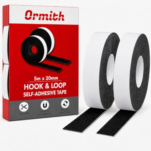 ORMITH Hook and Loop Tape Self Adhesive Black 2mm x 5m, Heavy Duty Sticky Back Strips for Cables, Remotes, Photo Frames, Cushions, Rugs and Tools