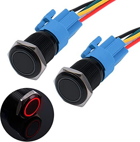 JIQI 2× 16mm Verrieglung Druckschalter 12V bis 24V 3A wasserdicht selbsthaltend schwarz Druckknopfschalter aus Metall LED Beleuchtet vorverdrahte Ein/Aus Latch Taste Schalter mit IP66 1NO 1NC (Rot)