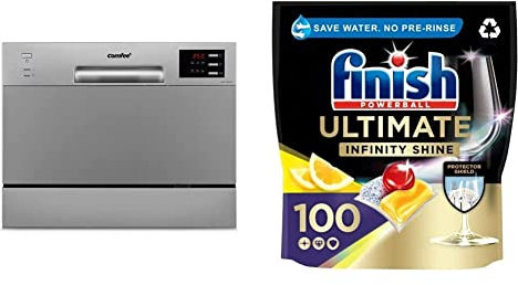 COMFEE' KWH-TD602E-S Freestanding Compact Dishwasher With Finish Ultimate Infinity Shine Dishwasher Tablets, LEMON, 100