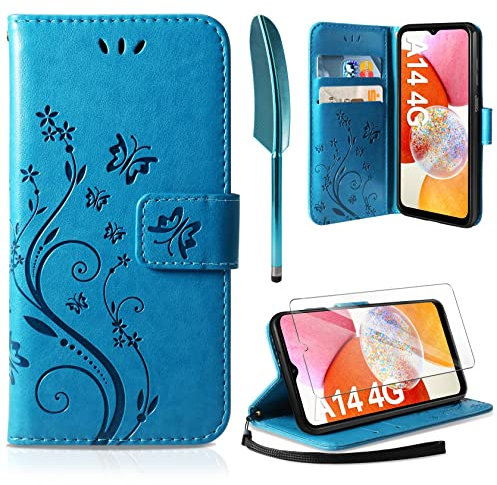 AROYI Lederhülle Kompatibel mit Samsung Galaxy A14 5G/ A14 4G Hülle und Schutzfolie, Flip Wallet Handyhülle PU Leder Tasche Case Kartensteckplätzen Schutzhülle Kompatibel mit Samsung Galaxy A14