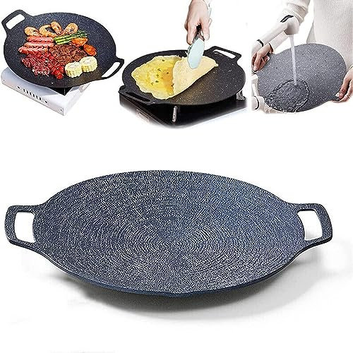 Multi-Function Medical Stone Grill Pan Non-Stick Pan, Korean Round BBQ Griddle, Compatible for Induction, Gas Stove, Electric Cooktop, Indoor or Outdoor Grilling Black
