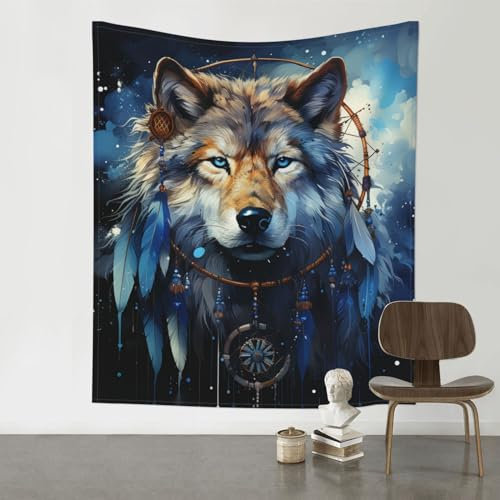 Wandteppich, Wandbehang für Schlafzimmer, Wohnzimmer, Schlafsaal, 152,4 x 130,5 cm, (Wolf indischer Traumfänger Sternen)