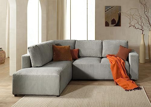 Lisa Design Livy - 5-Sitzer Ecksofa mit Schlaffunktion und Bettkasten - aus Cord - mit Ecke links Hellgrau