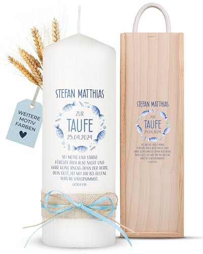 AMARI ® Taufkerze personalisiert Fischschwarm (002.10.01) H:20cm/⌀:7cm - Taufkerze Mädchen/Junge - Kerze selber gestalten Taufe - Taufkerze selber machen - Taufkerze mit Namen