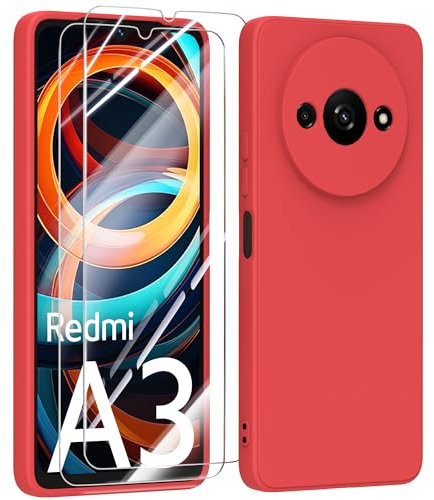 MIKULLE Silicone Coque pour Xiaomi Redmi A3 4G avec 2 Verre trempé Protection écran, Couleur Pastel Ultra-Mince Souple Housse pour Xiaomi Redmi A3 4G (6.71) - Rouge