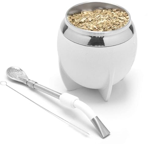 balibetov Mate Argentino - Set elegante y duradero con un Mate Torpedo de Acero Inoxidable, Bombilla y Cepillo de Limpieza (Blanco)