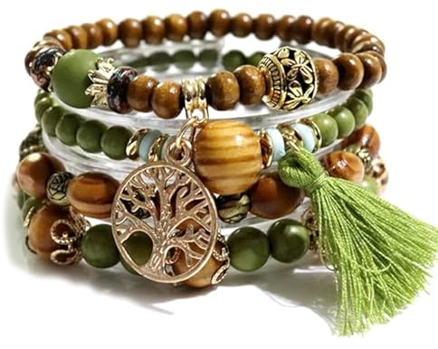 HAORQEE Bracelet bohème à perles avec pendentif arbre de vie, bracelet élastique multicouche en bois, cadeau de Noël pour femmes et filles (vert)