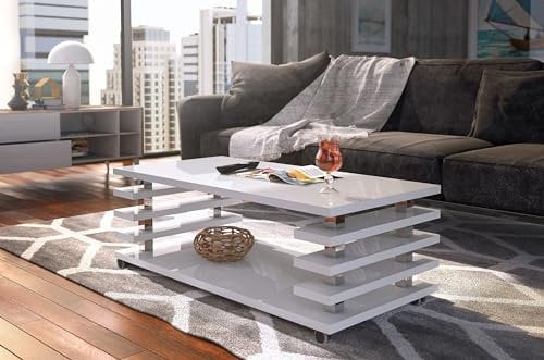 DC-3 Couchtisch Weiß Hochglanz 120x60cm mit Ablage modern stabil vielseitig Wohnzimmertisch Beistelltisch Sofatisch Zeitloses Design platzsparend robust Wohnzimmer mit Rollen
