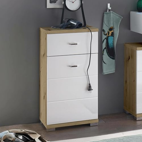 Julian Bowen Pool Storage Cabinet, White - H73 x W38 x D30cm | Storage Cabinet for Bathroom, Solid Oak, Shelves and Drawer, Easy-Access Storage