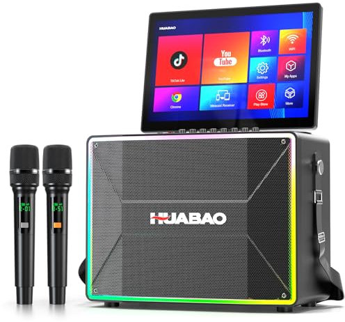 HUABAO Smart Karaoke Machine with 14” Tablet, Screen & Lyrics Display, Professional Karaoke Speaker, 2 Wireless Microphones, Bluetooth PA System, WiFi, HDMI, and LED Lights for Adults