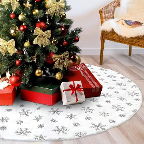 Weihnachtsbaumdecke 120 cm,Christbaumdecke Weiß für Schnee Christbaum Weihnachtsbaum Deko,Tannenbaum Decke mit Schneeflocke Pailletten Teppich Rund für Frohe Weihnachten Party Decke Dekorationen