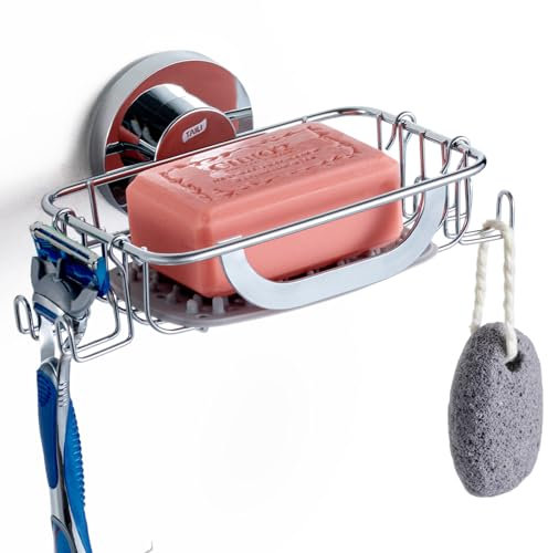 TAILI Silber Dusche Seifenschale mit Haken und Silikon-Pad, Max Halten 5 KG Saugnapf Seifenhalter für Wand, Badezimmer Seife Saver Tray für Badewanne, Edelstahl Schwammhalter Küche, Drill-Free