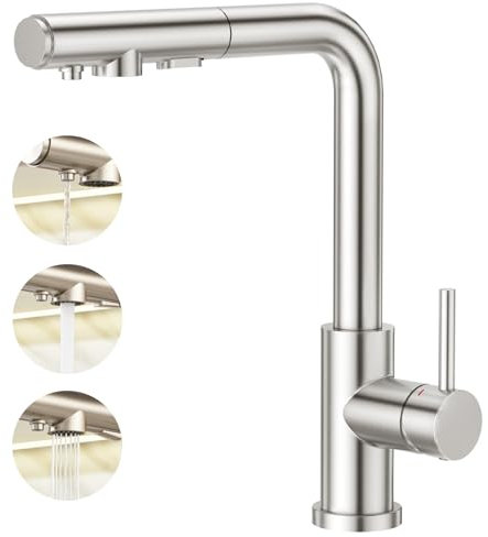 Aktines 3 Wege Küchenarmatur mit 3 Funktion Brause ausziehbar, Spültischarmatur Spülenarmatur Armatur Wasserhahn Küche für Wasserfilter Osmoseanlagen Edelstahl gebürstet 110236