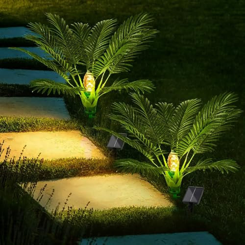 Paquete de 2 luces solares de palmera, plantas artificiales para exteriores con luz de suelo al aire libre, 8 patrones de iluminación, decoración solar de jardín, luces de paisaje para patio, césped,