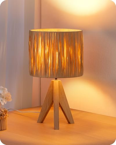 EDISHINE Lampe de Chevet Trépied en Bois Massif, E27 Ampoule de 2700K 4W Incluse, Abat-jour en Papier Raphia, 20 x 20 x 36 cm, Lampe de Table Moderne pour Chambre, Salon, Hôtel
