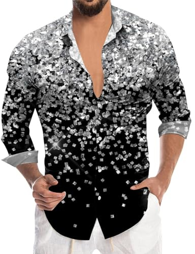 Disco Hemd Herren 70er Outfit Glitzer Hemden Langarm Glänzende Business Shirt Freizeithemden für Männer Party Karneval Kustüm Discokugel Nachtklub Musikfestival Pailletten Silvester Outfit Herren