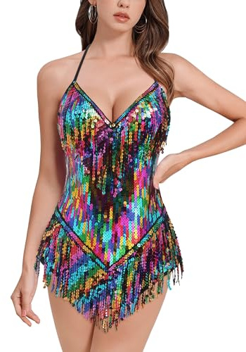 IMEKIS Damen-Body mit Pailletten, Fransen, Neckholder, V-Ausschnitt, Musikfestival, Gymnastikanzug, glänzend, Lateinamerikanischer Jazz, Tango, Ballsaal, Tanzkostüm, Rave-Outfit, bunt, L