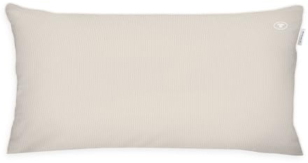 Tom Tailor Satin-Kissenhülle, 40x80 cm, 100% Baumwolle, Kissenbezug mit Paspel und Logo-Stickerei, mit Reißverschluss, FINE Stripes Beige, Weiß (Sunny Sand & Off White)
