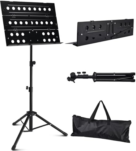 Professioneller Notenständer, höhenverstellbar (49-113cm) robuster Music Stand für Konzert und Reise, Notenständer Klappbar inklusive mit Metall-Dreibein, belüftete Platte & Transporttasche (Schwarz)