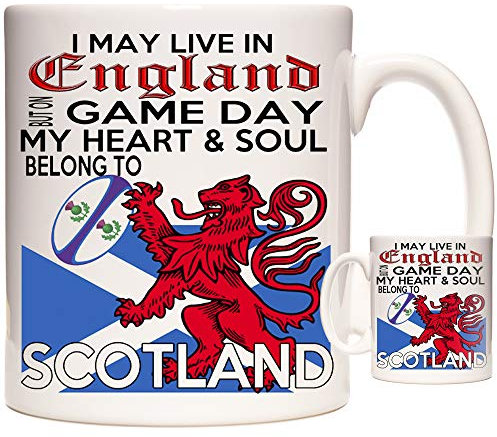Tasse mit Aufschrift I May Live in England but on Game Day My Heart and Soul Belong to Scotland, 325 ml