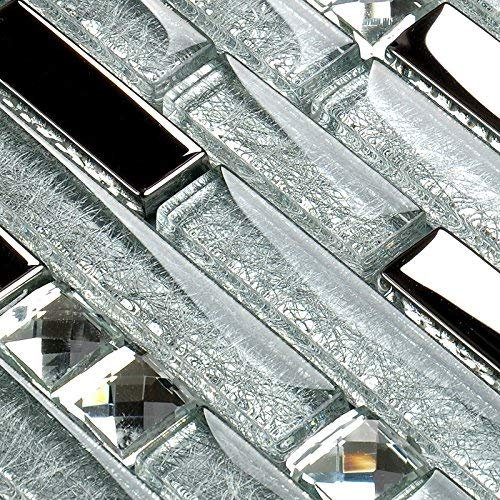 Hominter 11 Blatt Silber beschichtete Glasfliesen Strass Mosaik Klar Kristall Backsplash Wandfliesen Zufällige ineinandergreifende Muster für Bad und Küche YG001
