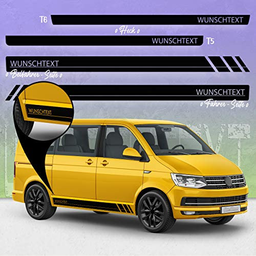 Auto-Dress Seiten-Streifen Aufkleber Set/Dekor passend für Volks-Wagen T4, T5 & T6 Bus - Motiv: Wunschtext Racing (111M Black Matt, Radstand: kurz)