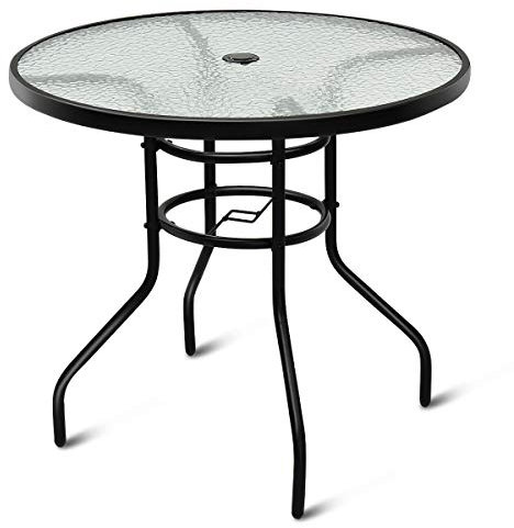 COSTWAY Table de Jardin Ronde, Plateau en Verre Trempé Massif avec Trou de Parasol, Cadre en Métal Anti-Rouille Plateau ø 80 CM, Hauteur 70 CM pour Balcon, Bistro,Patio, Terrasse Noir