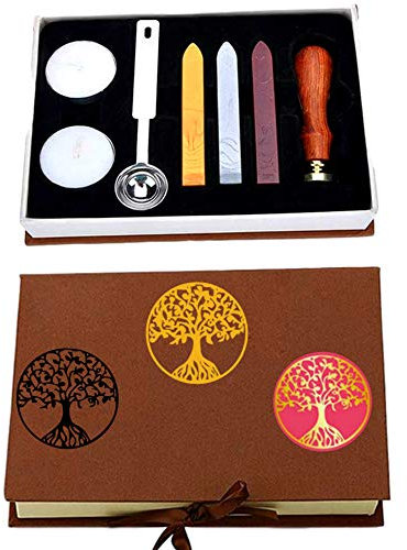 Wachs-Siegelstempel-Set, Anbose Baum des Lebens, Wachs-Siegelstempel-Set, inklusive 1 x Holzgriff-Kupfersiegel, 3 x Wachssiegelstäbe, 1 x Schmelzlöffel und 2 x weiße Kerzen