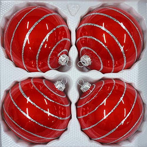 4 TLG. Glas-Weihnachtskugeln Set 10cm Ø in 'Hochglanz Rot Candy' Silberne Ornamente - Neuheit -' Christbaumkugeln - Weihnachtsschmuck-Christbaumschmuck 10cm Durchmesser