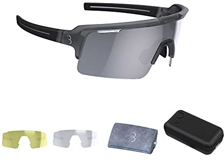BBB Cycling Fuse Cycling Glasses for Men and Women | Comes With 3 Interchangeable Lenses: Smoke, Yellow and Clear | Road Cycling and MTB Glasses | Transparent Grey | BSG-65