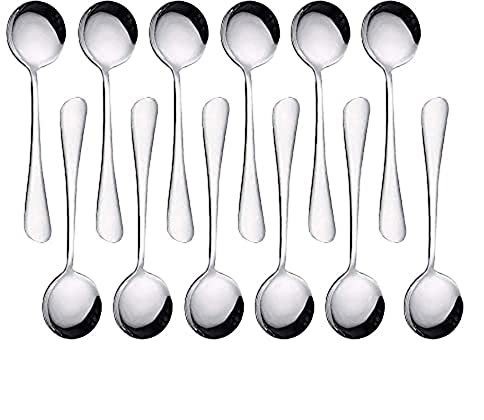 QQ CAT 12 piezas 18,3 cm Cuchara de sopa grande Cuchara de arroz de acero inoxidable 304 de Vajilla Cuchara de ensalada Pulido Apto para lavavajillas (R#1)