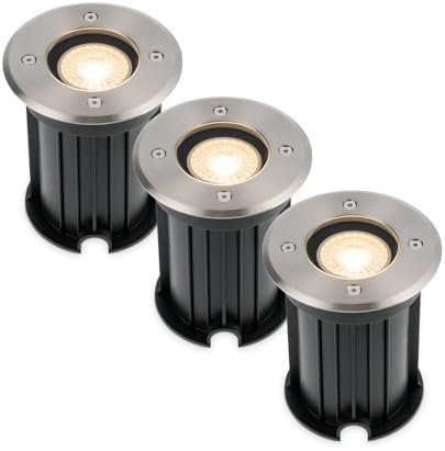 HOFTRONIC - 3er Maisy Terrassen Einbaustrahler GU10 Edelstahl Rund 4 Watt 345 lumen Boden Licht 2700K Extra Warmweiß LED Einbauleuchte IP67 Wasserdicht - Dimmbarer Bodeneinbauleuchte außen